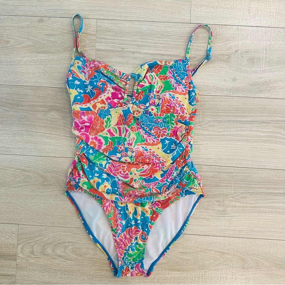 Ralph Lauren Pink and Blue One Piece Swimsuit with Tropical Print